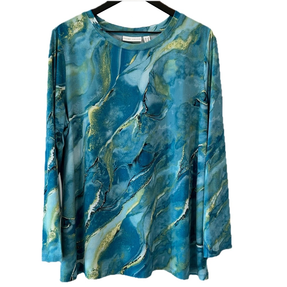 Susan Graver Printed Liquid Knit Long Sleeve Crew Neck Top - Teal Citron - 1X